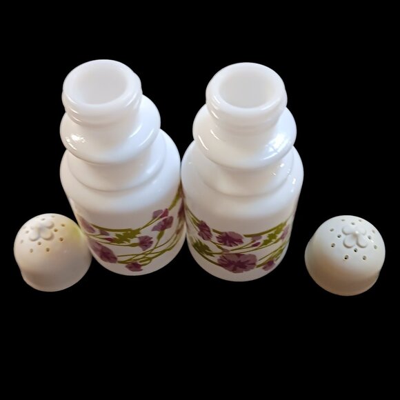 2pc Vintage Avon Milk Glass Shakers | Lilac Floral Kitsch Vanity Decor - Picture 10 of 12